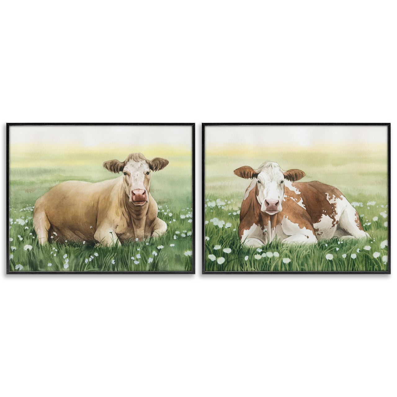 Stupell Industries Cows Resting in Flower Field 2 pc Framed Giclee Wall Art Set Design by Grace Popp